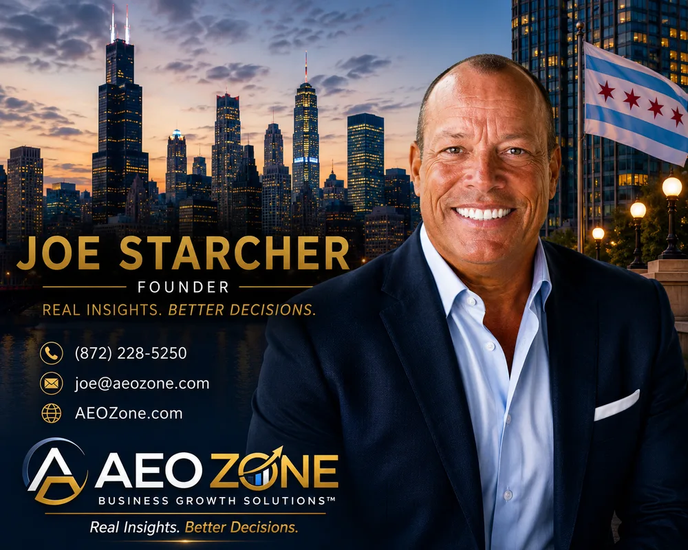 Joe Starcher, Founder of AEO Zone, in an executive portrait with the Chicago skyline